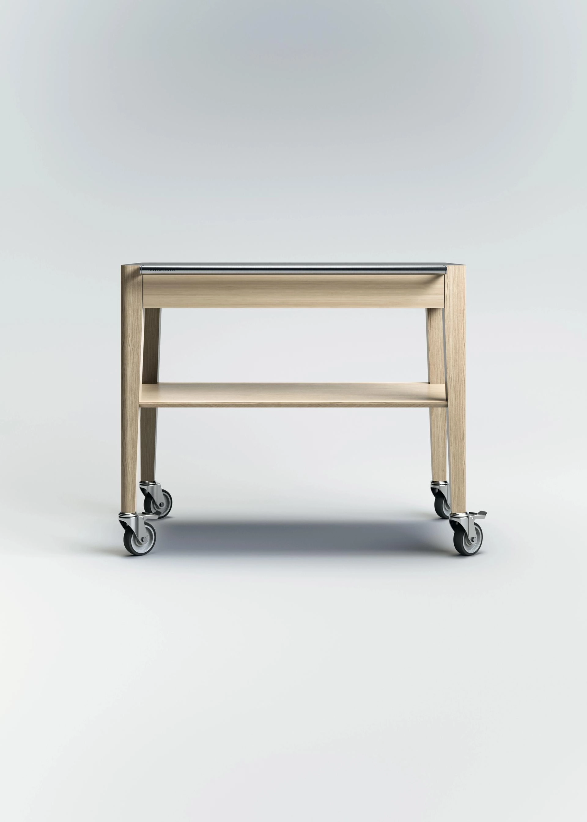 Chariot de service en chêne de Bourgogne avec un plateau supérieur, une étagère inférieure et une poignée en acier inoxydable, monté sur quatre roulettes.