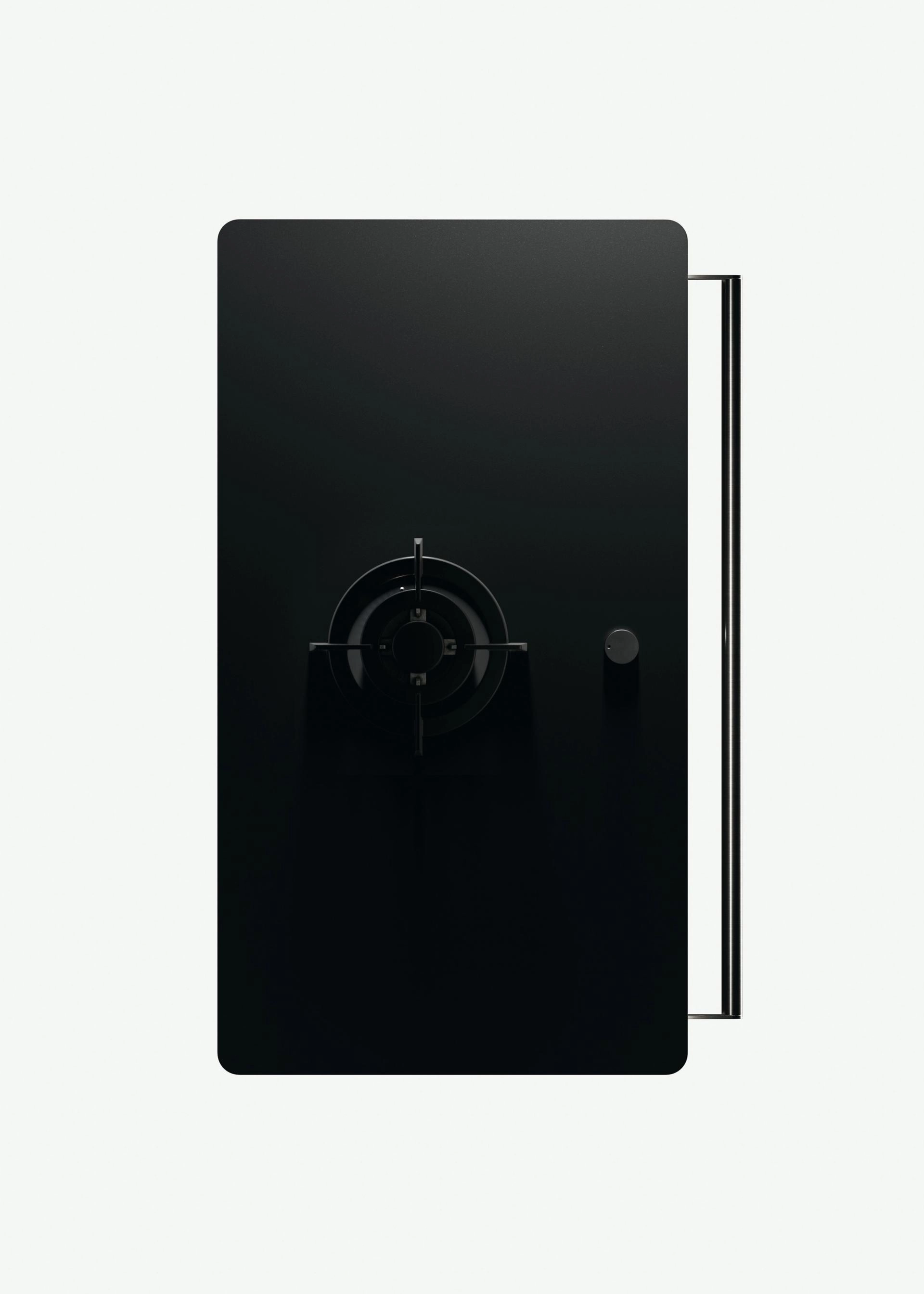 Chariot à flamber en chêne de Bourgogne teinté avec un plateau Dekton, un feu gaz intégré, une étagère inférieure et une poignée en acier inoxydable.