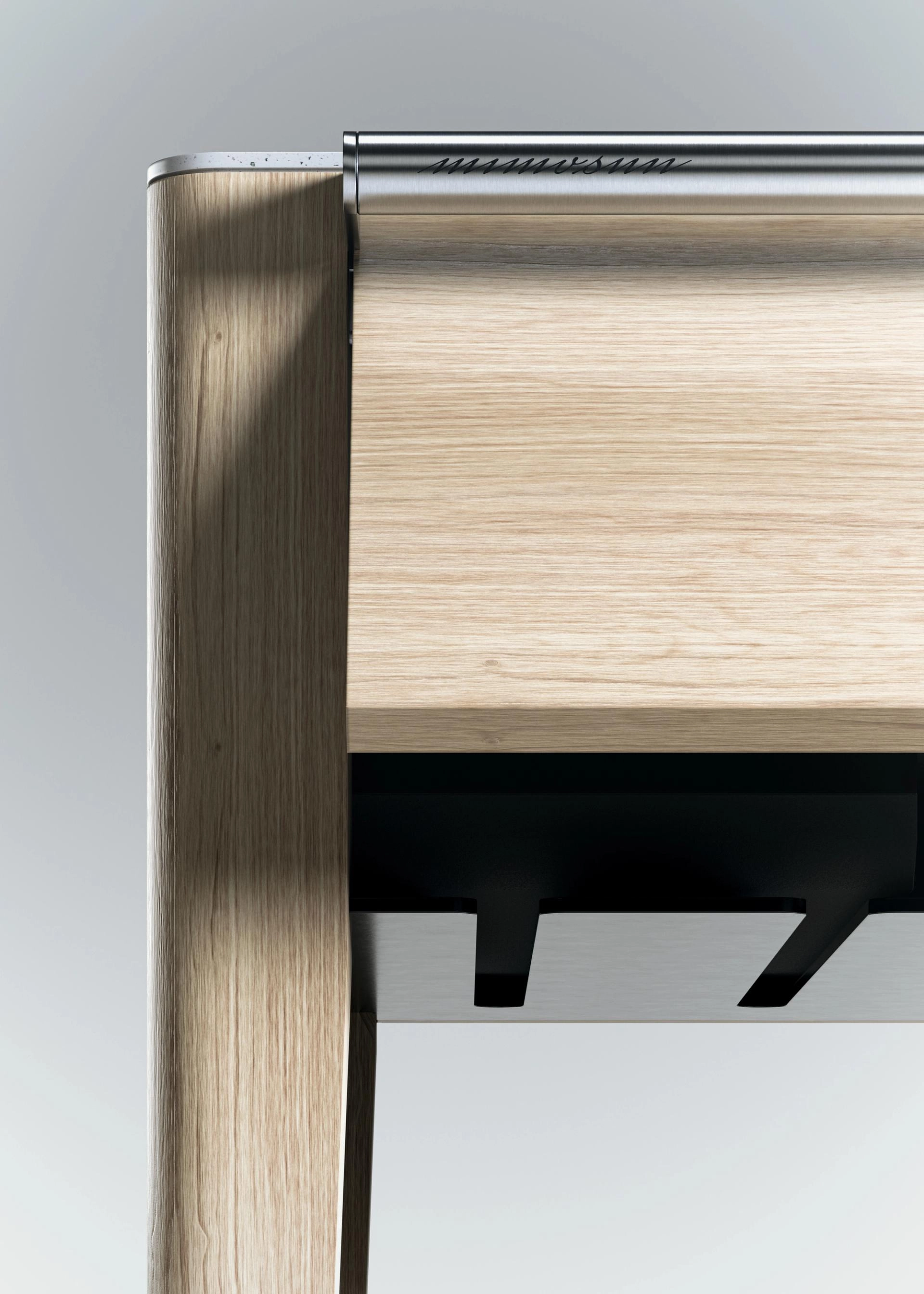 Chariot à champagne en chêne de Bourgogne avec une cuve en résine acrylique, un rack à verres, une étagère inférieure et une poignée en acier inoxydable.