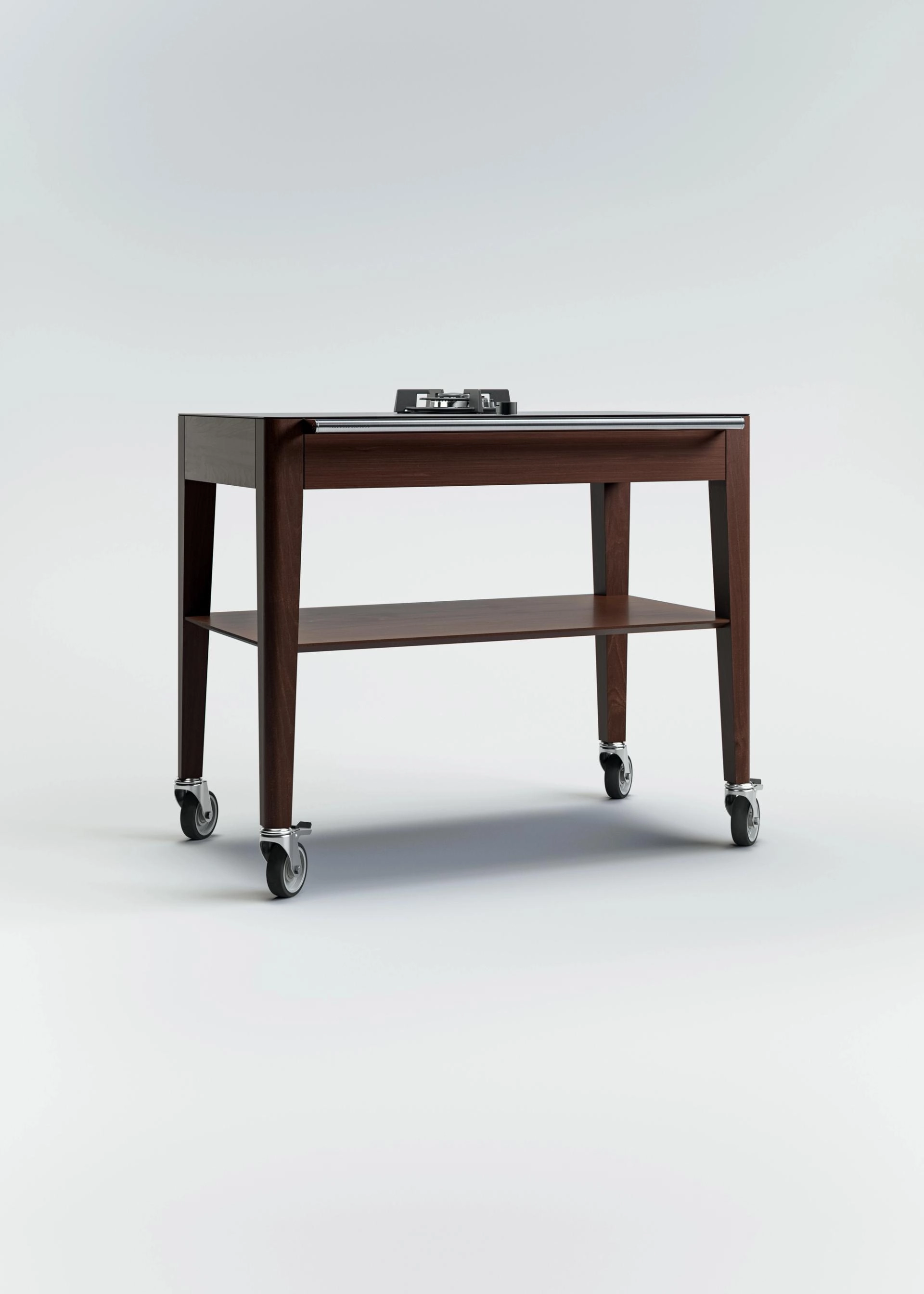 Chariot à flamber en chêne de Bourgogne teinté avec un plateau Dekton, un feu gaz intégré, une étagère inférieure et une poignée en acier inoxydable, monté sur quatre roulettes.