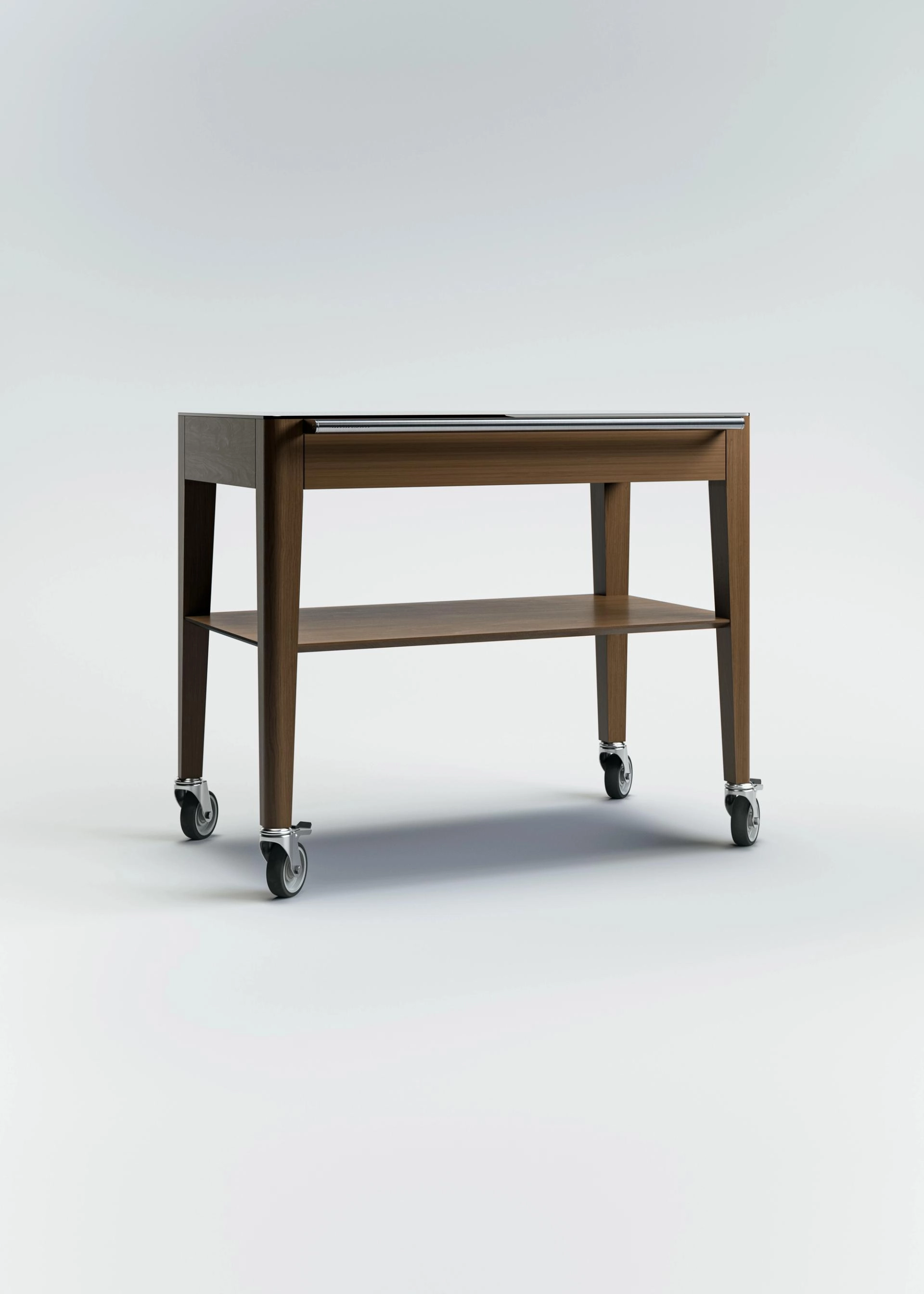 Chariot à cigare en chêne de Bourgogne teinté avec un plateau en verre, un tiroir à cigares, une étagère inférieure et une poignée en acier inoxydable, monté sur quatre roulettes.